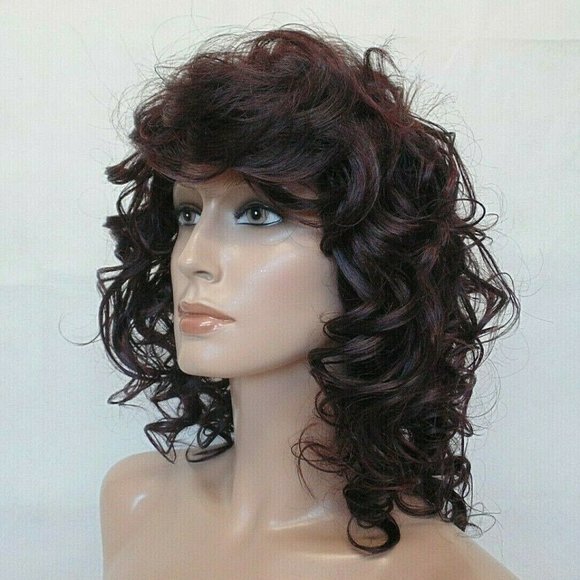 New Shoulder Length Curly Dark Brown/Burgundy Wig main image 5